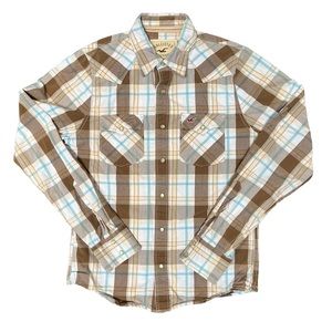 Hollister Shirt Long Sleeve Button Up Brown Plaid Size Medium